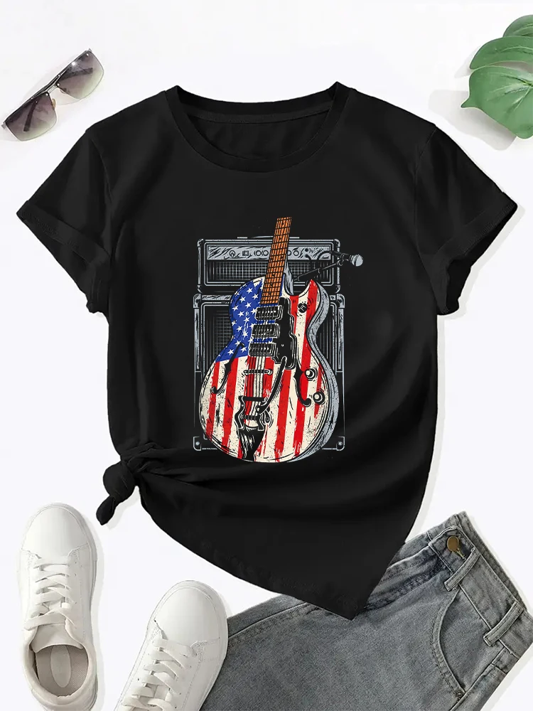 Повседневная летняя футболка с гитарой и рисунком американского флага. Удобный