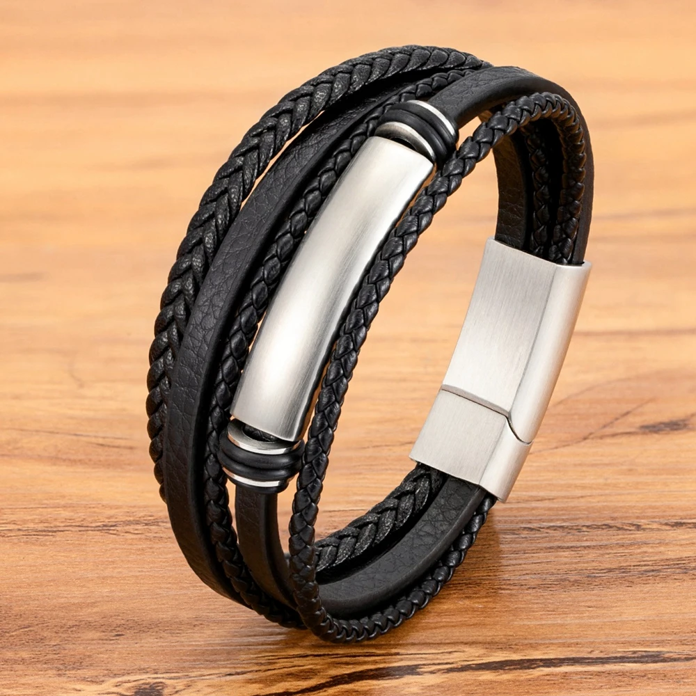 TYO Trendy Multilayer Braided Men Leather Bracelet Stainless Steel Magnetic Clasp Three Colors Charm Bangles Jewelry Wholesale