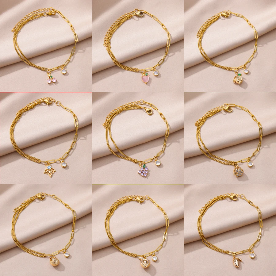 

Cubic Zirconia Anklets for Women Gold Plated Fruit Pendant Stainless Steel Anklet Summer Beach Jewelry Accessories bijoux femme