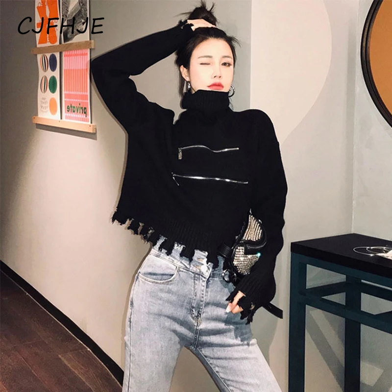 CJFHJE Укороченный свитер Y2K с высоким воротником женские вязаные пуловеры на
