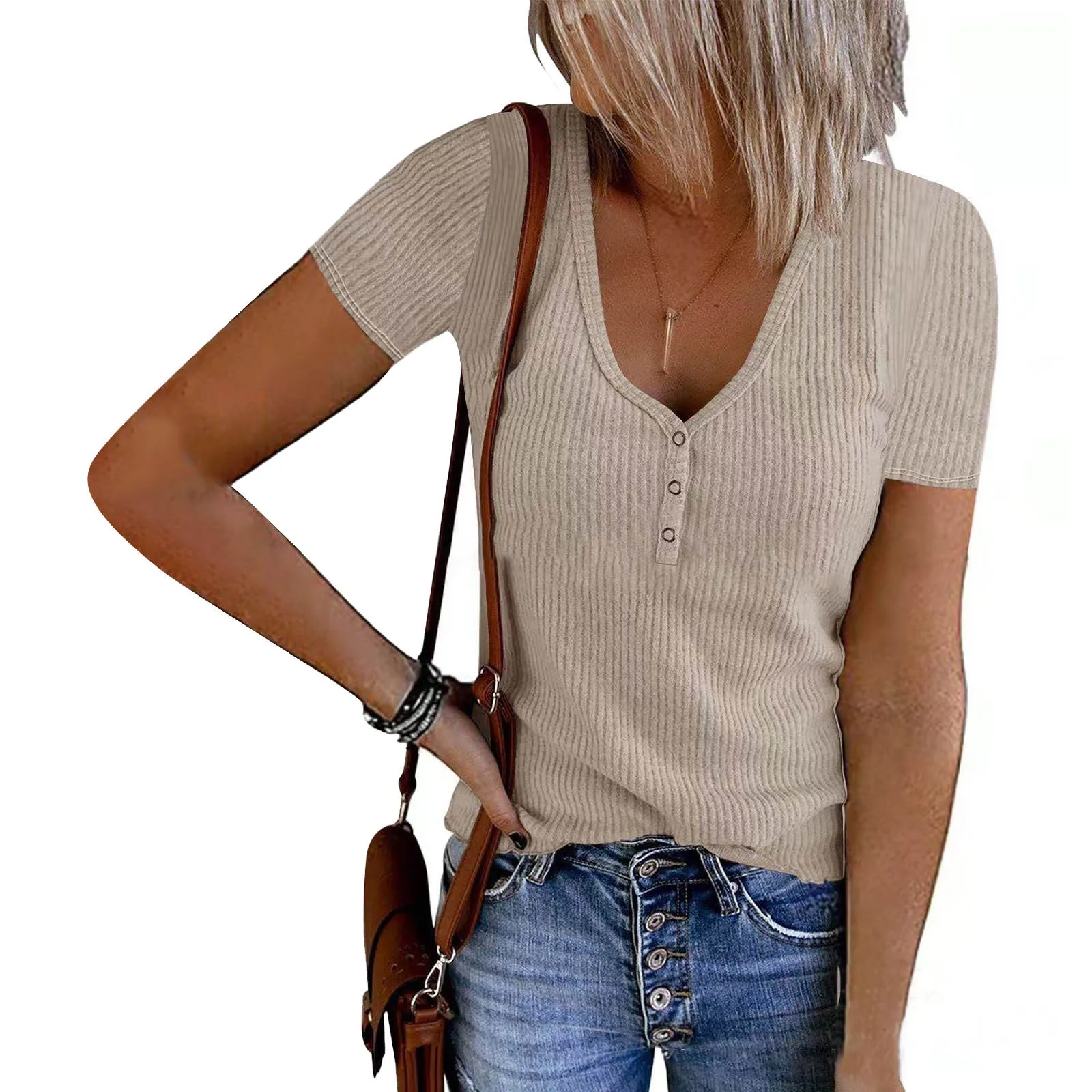 

Футболка женская с коротким рукавом, однотонный Повседневный Топ с V-образным вырезом, оверсайз, одежда для женщин, на лето