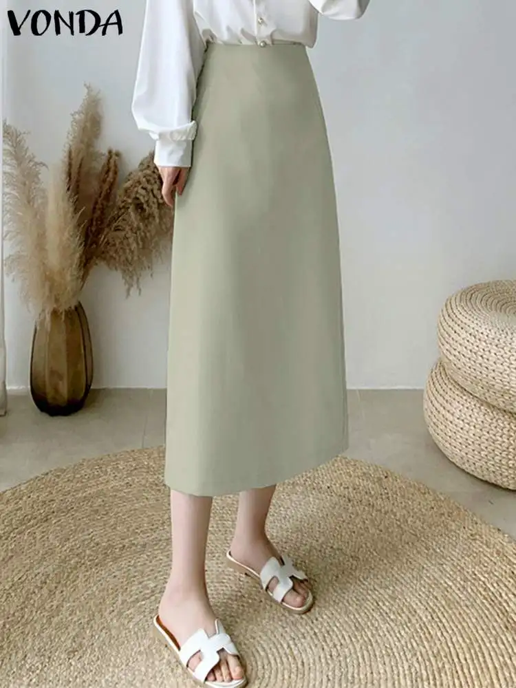 

Office Lady Skirts VONDA 2022 Elegant Women Party A-line Skirt Female Casual High Waist Pleated Long Skirts Faldas De Mujer