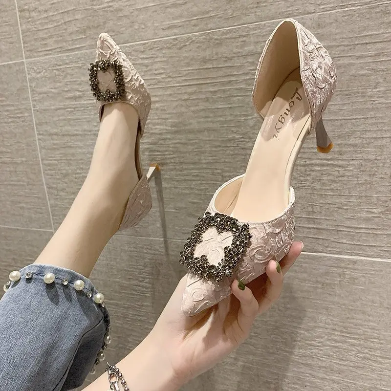 

Rhinestone square buckle high heels women's spring 2022 new temperament pointed toe stiletto shallow mouth hollow shoes