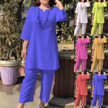 Oversized Summer Trousers Suits 2PCS Women Matching Sets Fashion Half Sleeve Blouse Wide Leg Pants Sets Loose Tracksuit Outfits 1