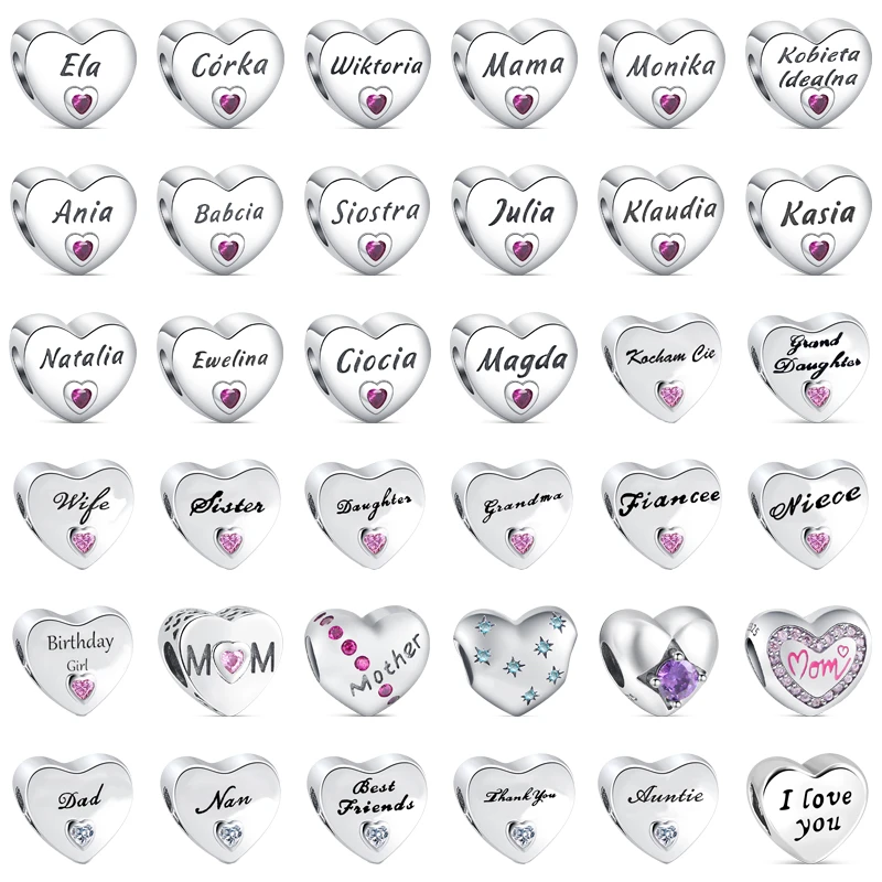 

925 Sterling Silver Heart Shaped Charms Mom Wife Dad Friends Love Beads Fit Original Pandora Bracelet DIY Making Women Jewelry