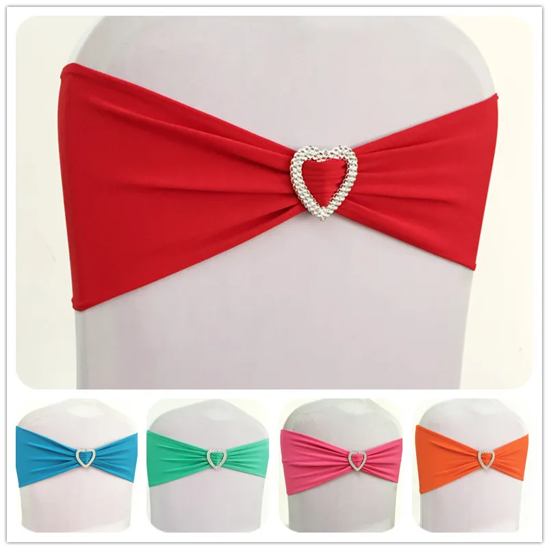 

10pcs Lycra Stretch Chair Sash Bow With Heart Buckle Elastic Spandex Wedding Chair Band Sash Ties