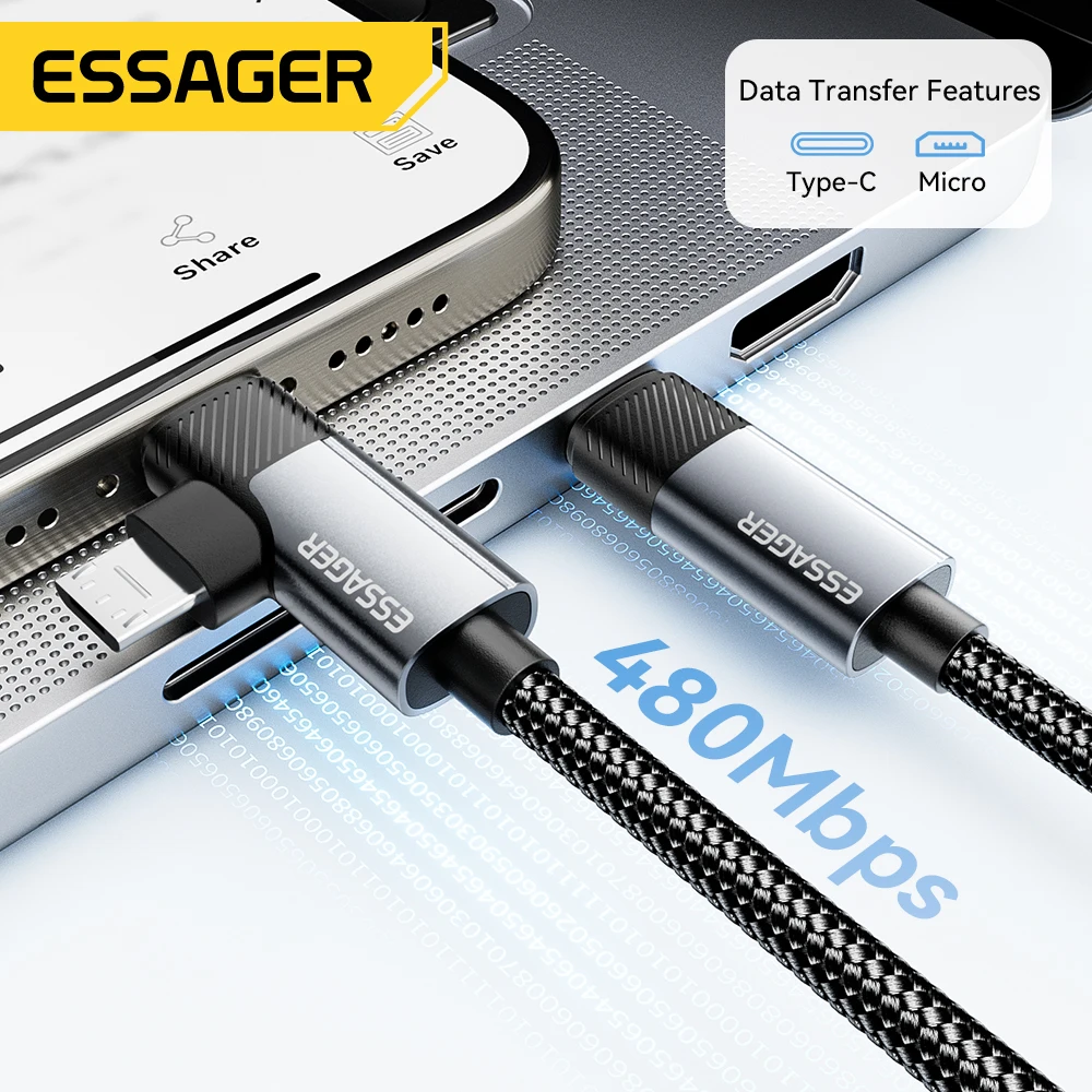 Essager 2 в 1 USB C-кабель 65 Вт PD для быстрой зарядки типа CUSB A к микрокабелю для iPhone Samsung Xiaomi Huawei Redmi iPad Macbook (art.: 3920ce8607c28) - 3920ce8607c28