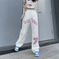 new high street ins american letter printing white straight pants jeans women thin and washed trousers outfits streetwear