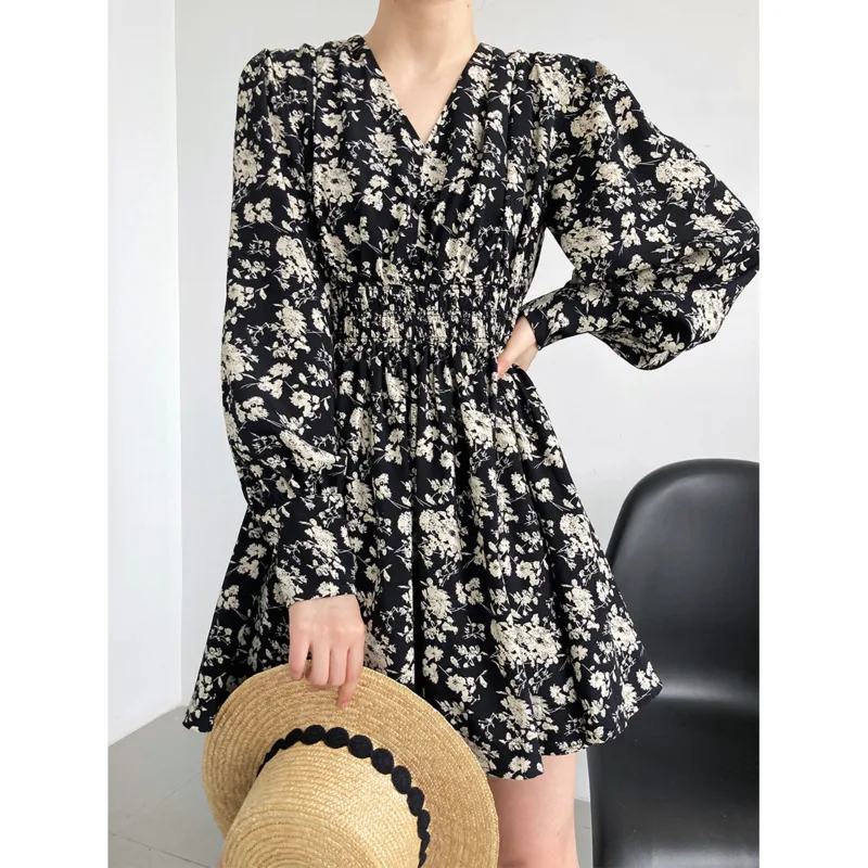 

spring summer black chiffon floral dress V-neck high waist long sleeve A-line pleated mini dresses female casual Vestido 2022