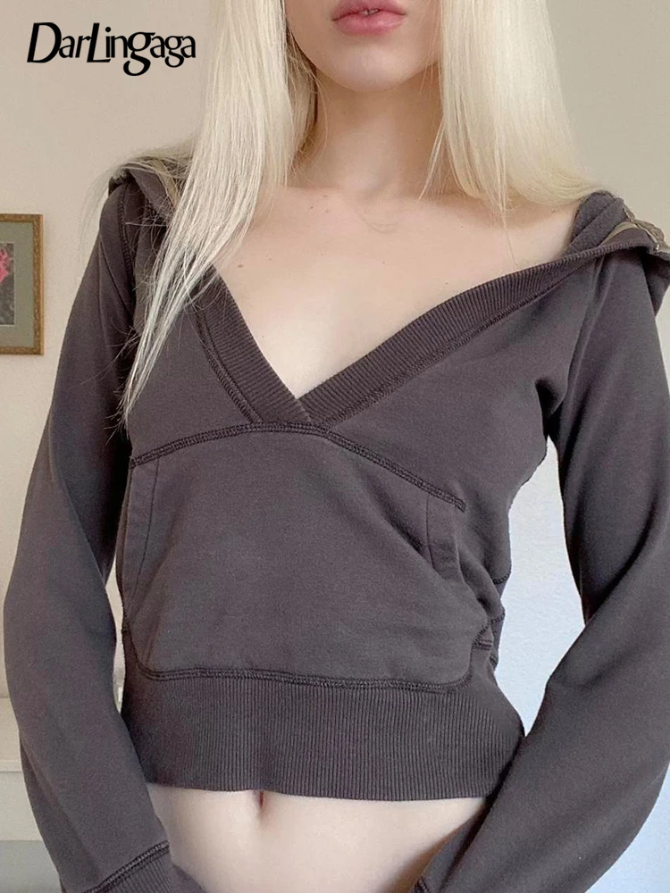 

Darlingaga Casual Spring Autumn Hooded Sweatshirt Tops Cropped Harajuku Pockets Pullover Y2K Preppy Hoodies Basic Cute Clothing