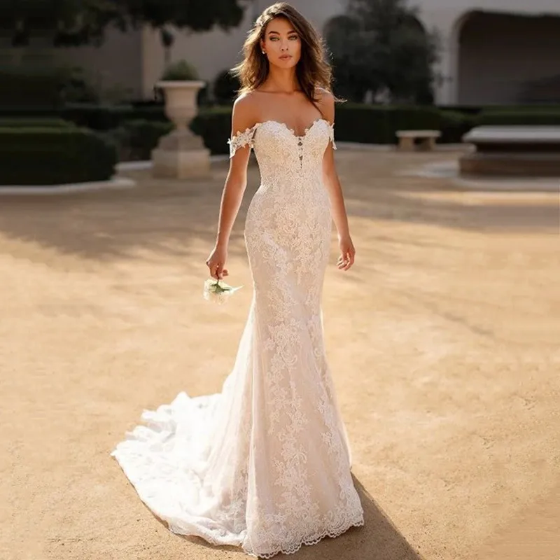 

Sexy Off Shoulder Lace Mermaid Wedding Dresses 2023 Appliques Sweep Train Bridal Gowns Sleeveless Vestido De Noiva Button Back