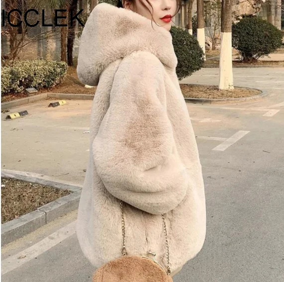 ICCLEK новинка пальто из искусственного лисьего меха средней длины с длинным