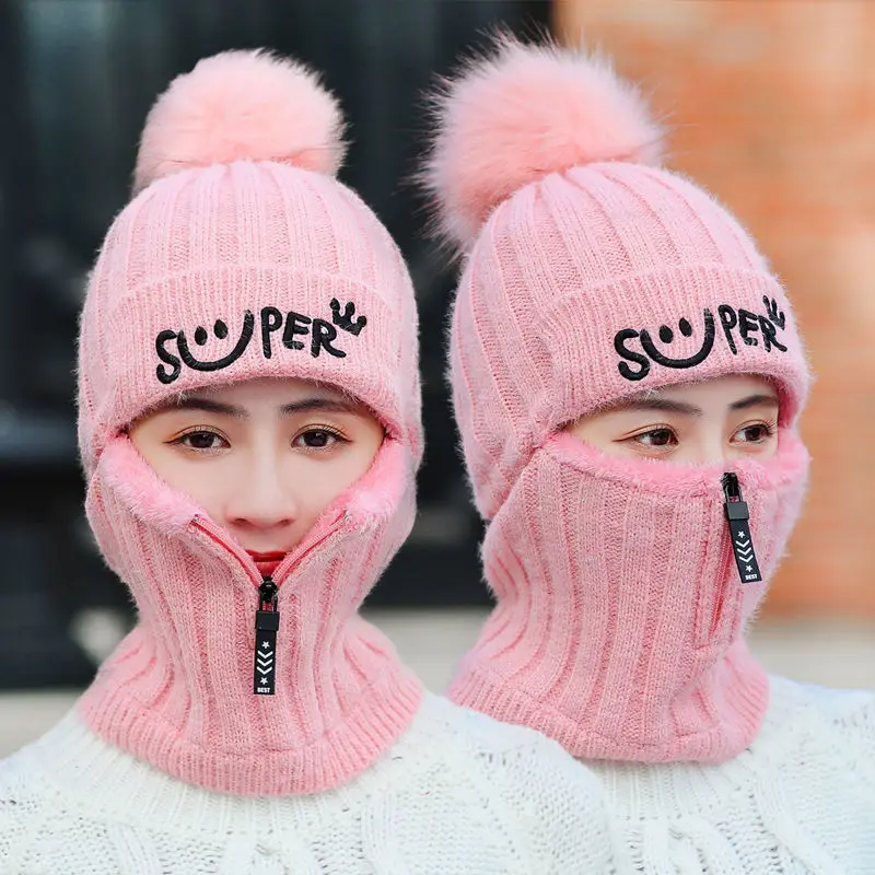 

1x Ladies Wool Knit Cap Ski Cap Suit Women Windproof Winter Outdoor Knitted Scarf with Zipper Keep Face Warm Riding Pom Cap