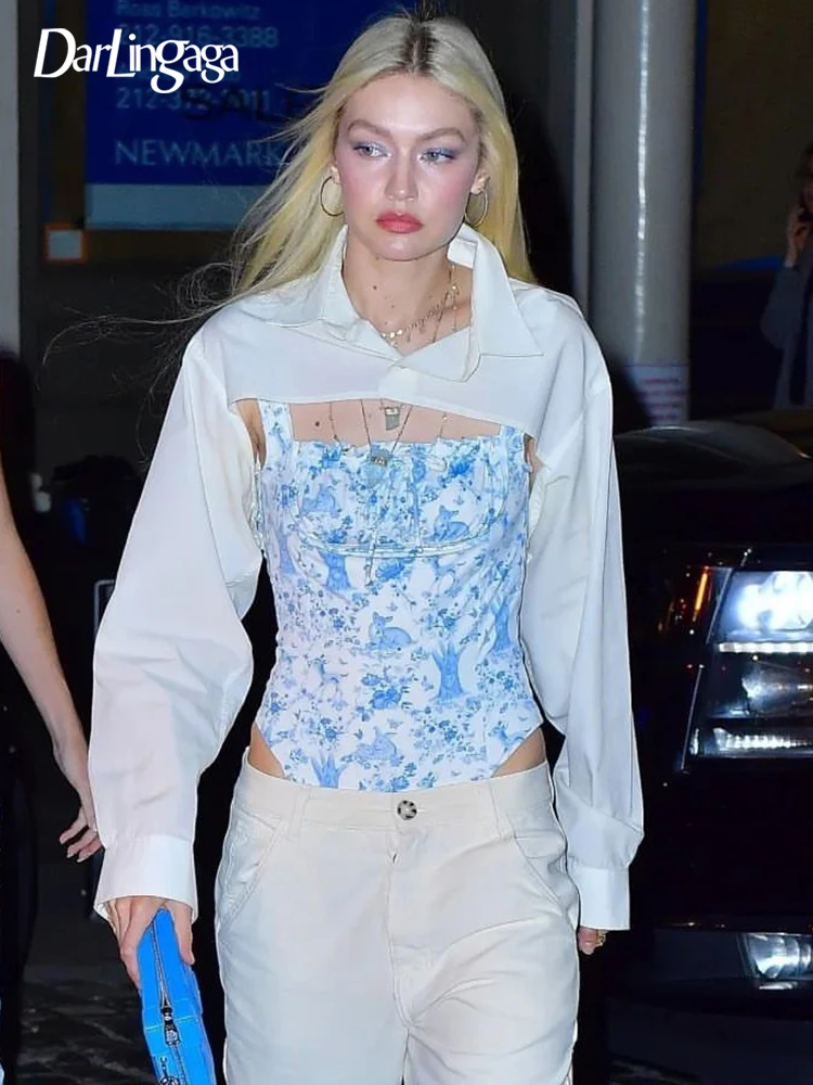 

Darlingaga Fashion Chic Streetwear White Mini Blouse Women Long Sleeve Smock Top Solid Outfits Cropped Shirts Elegant New Cloth