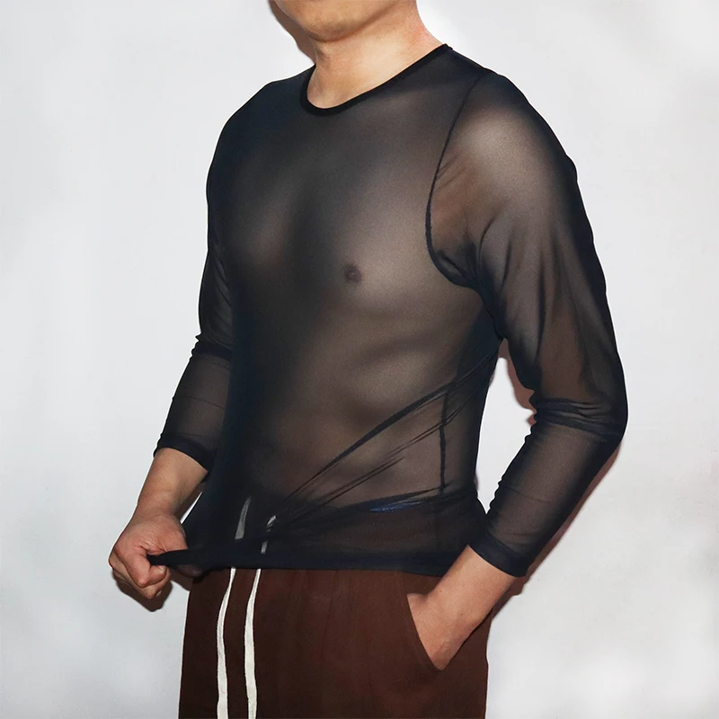 

Fishnet Undershirt for Men Mesh Sexy Transparent Gay Long Sleeve Shirts See Through Underwear Tops Clubwear Wrestling Singlet