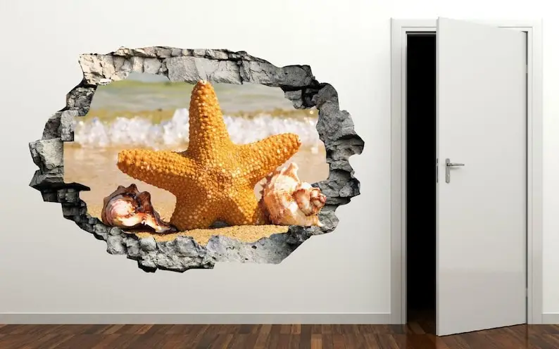 

Starfish at the beach 3D Wall Decal Smash Effect - Broken Wall Sticker - Vinyl Wall Decor - Decals for Walls - Stickers 3D Effec