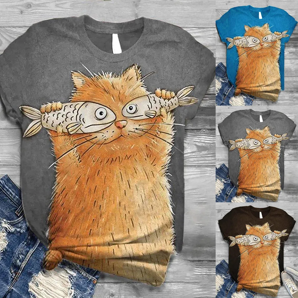 

3D Cute Cat Summer T-Shirt Women Fashion Tee 2023 New Harajuku Animal T-Shirt Short Sleeve Oversized Clothing Camiseta blusas