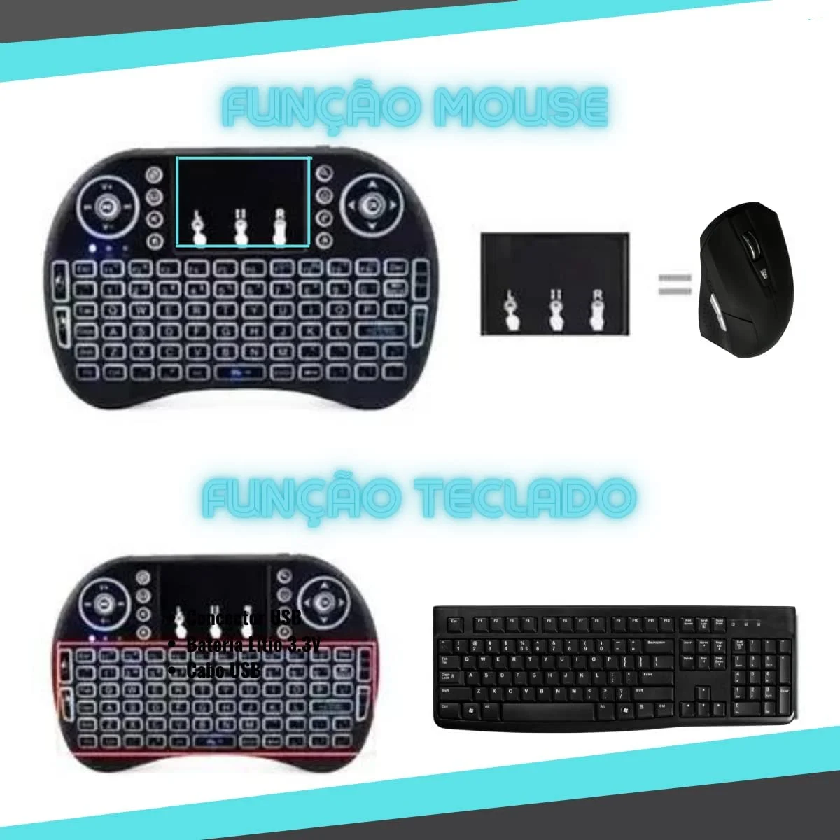 

Mini Mouse Touchpad Wireless Bluetooth Iluminado Wifi Sem Fio I8.LED Tv Box Usb Preto