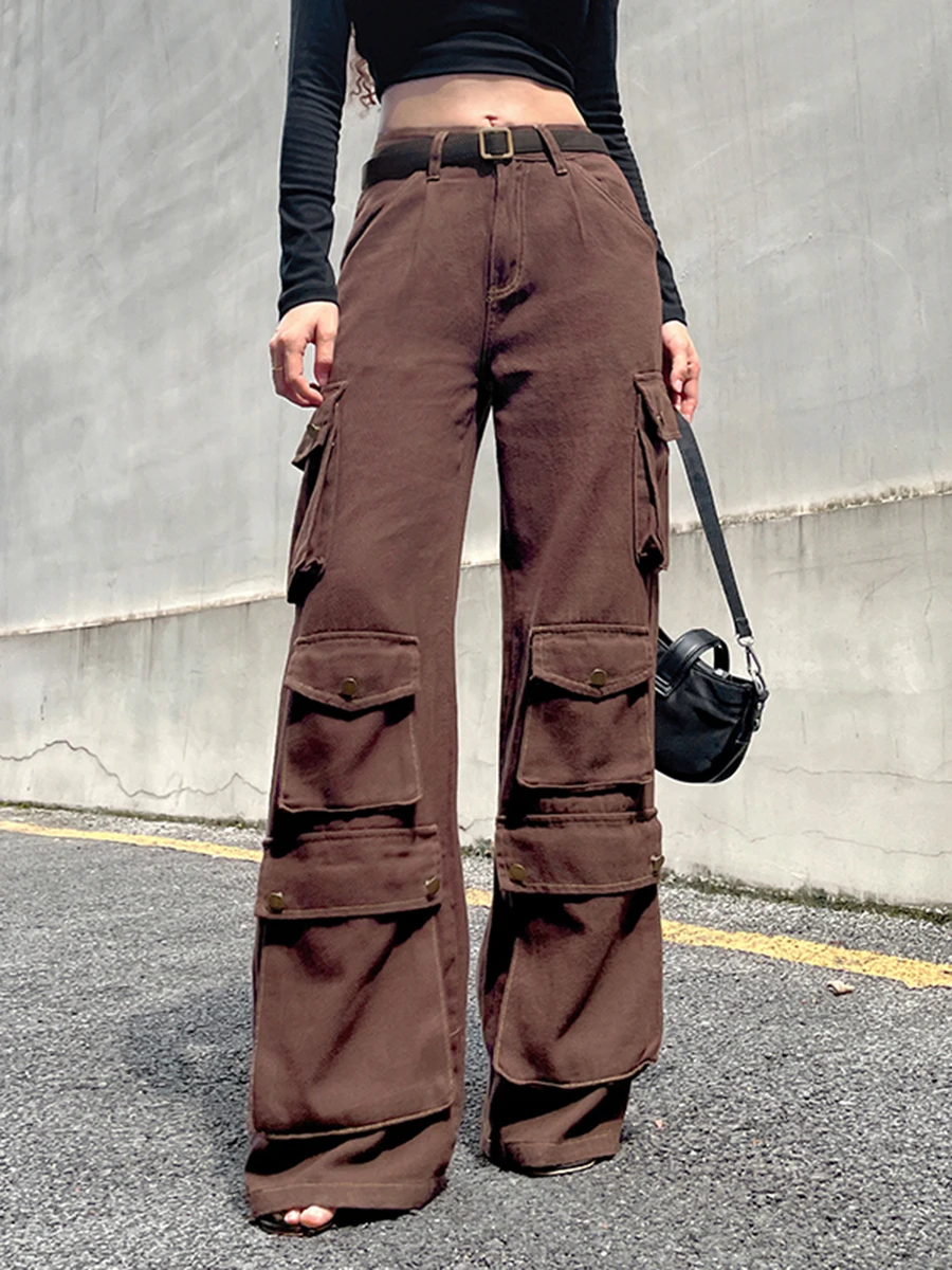 

Women Vintage Cargo Jeans Pant High Waist Zipper Button Closure Loose Patchwork Trousers with Pockets Casual Streetwear