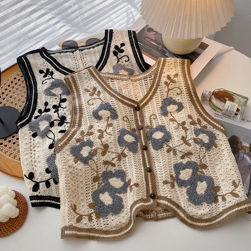 

Breasted Vest Sleeveless Chaleco Cutout Crochet Jacket Lace Knitted Sweaters Tops Vest Neck Embroidered Vintage Single Mujer