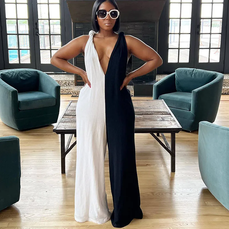 Шикарный черно-белый лоскутный комбинезон с широкими штанинами женский 2023 без