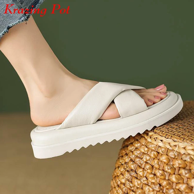 

Krazing Pot Fashion Concise Style Sheep Leather Mules Peep Toe Slip On Summer Non-slip Platform Med Heel Gladiator Sandals Women