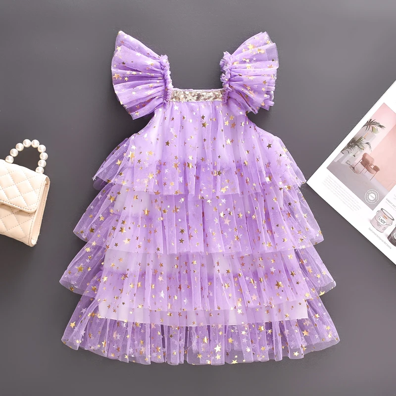 

Listenwind 0-5Y Kids Girls Princess Dress Stars Sequins Fly Sleeve Tiered Ruffles Dress Summer Clothes Pageant Party Dress