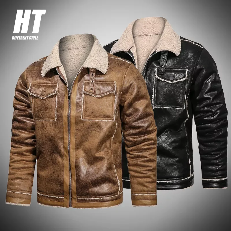 

NEW 2023 Faux PU Men's Jacket Winter Thicken Fleece Warm Leather Jackets Men Vintage Fashion High Quality Biker Pocket Coats
