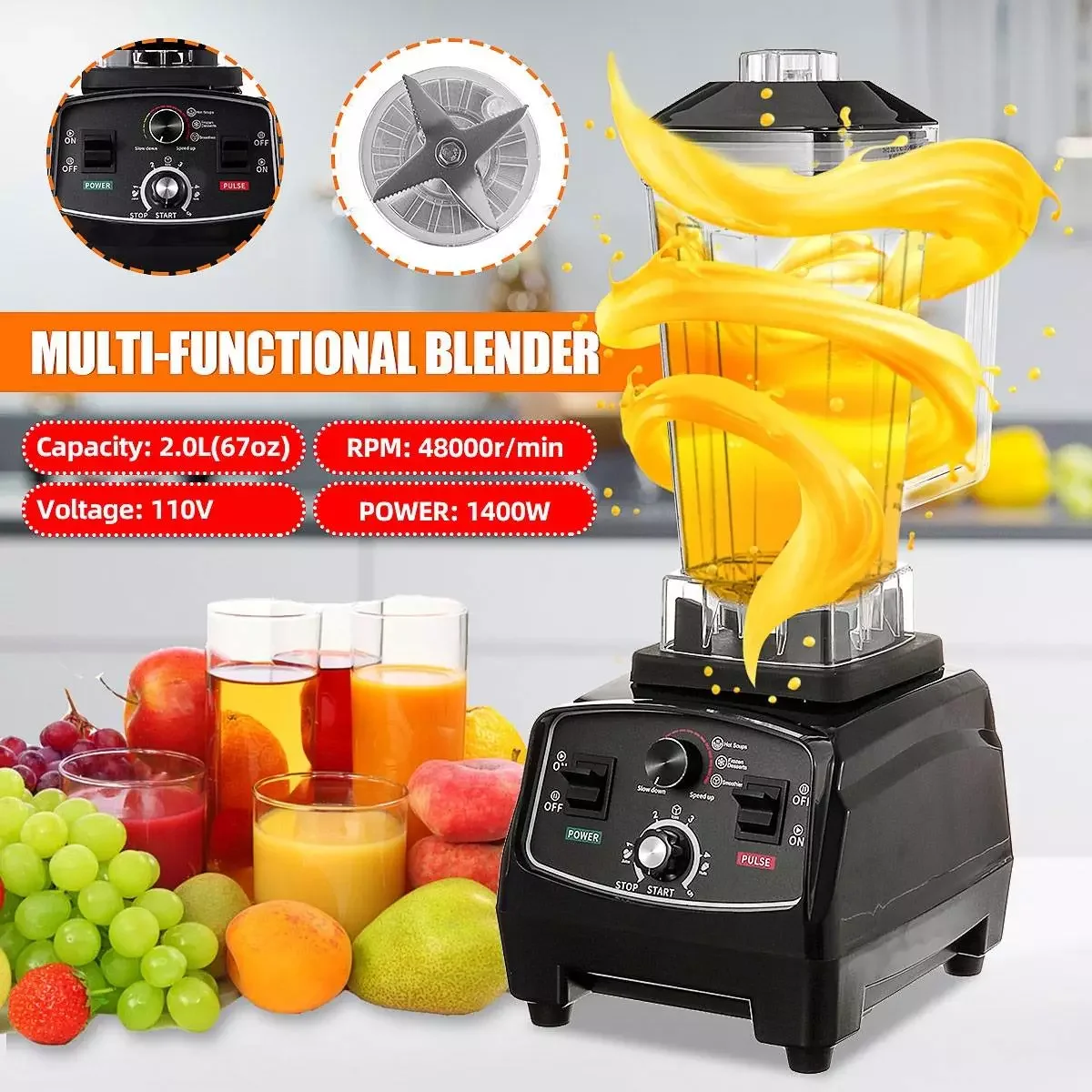 

NEW2023 BPA Free 2L Jar 1400W Commercial Blender Mixer Juicer Professional Fruit Food Processor Ice Smoothies Machine Easy to cl