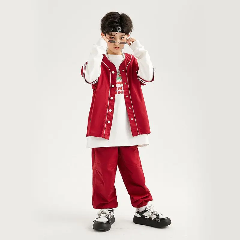 Детская уличная одежда для подростков в стиле хип-хоп красная рубашка топы