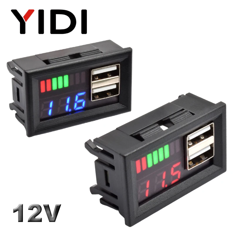 Indicador de Capacidade da Bateria de Lítio Lifepo4 Acidificada ao Chumbo Digital Dupla Usb Voltímetro Tester Medidor Tensão 12v Carro Motocicleta Elétrica Medidores de tensão