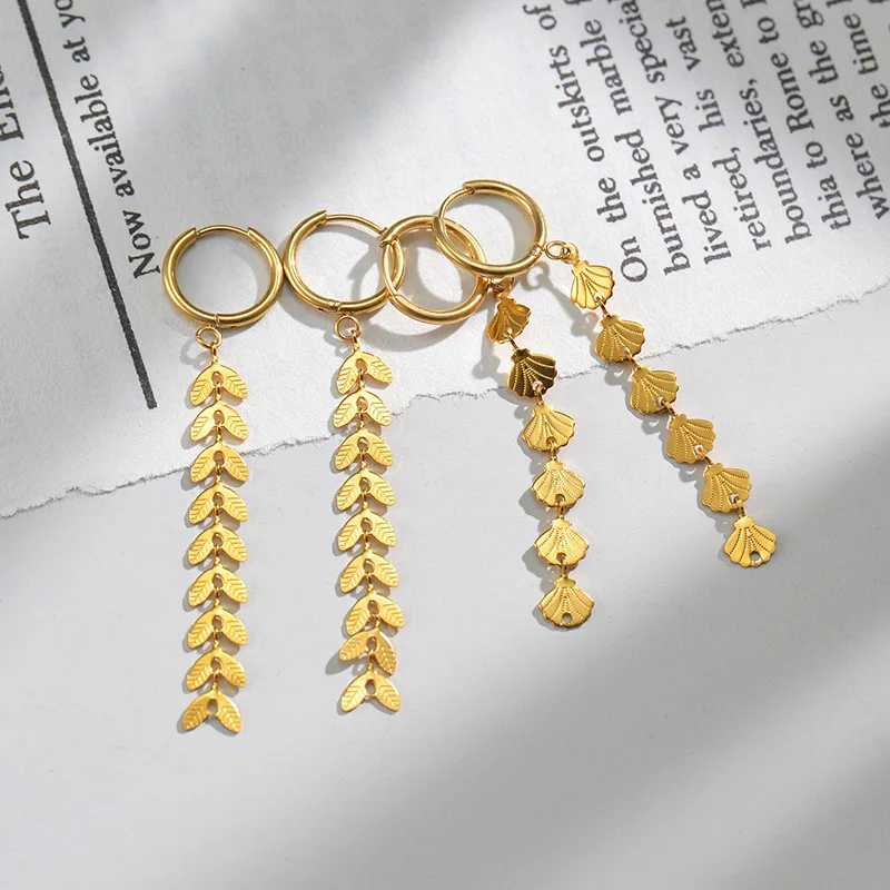 Elegant Leaf Fringe Drop Earrings Fishtail Shape Stainless Steel Long Earrings for Women Ladies Daily Jewelry Accessories
