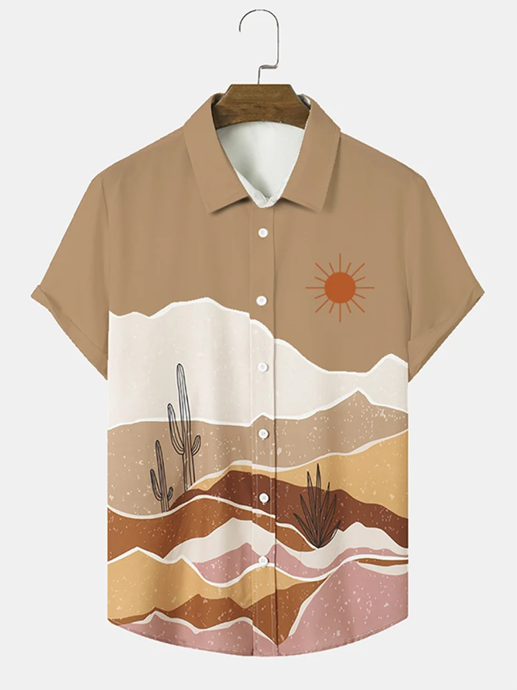 CharmkpR Tops 2023 Men's Cactus Desert Scenery Printing Blouse Casual Holiday Style Male Short Sleeve Lapel Button Shirts S-2XL