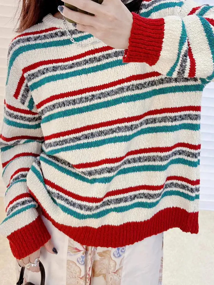 

2023 Spring New Women Pullover Round Neck Back Tie Striped Sweater