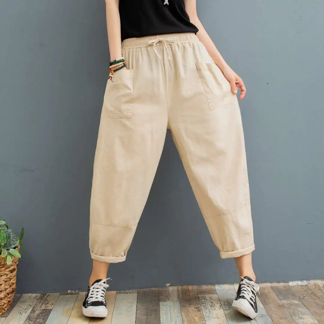 

Cotton Linen Pants for Women Red Plus Size Trousers Casual Harlem Pants Women's Summer Ankle Length Pants Pocket Radish Tunic