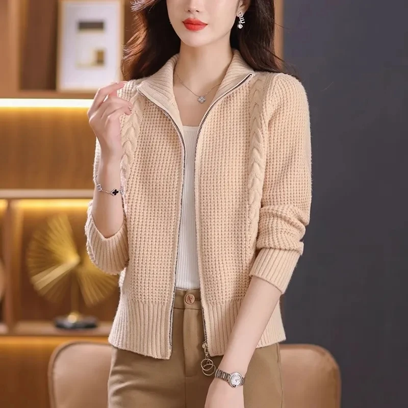 Женский вязаный кардиган на двойной молнии свободный свитер-пальто в Корейском