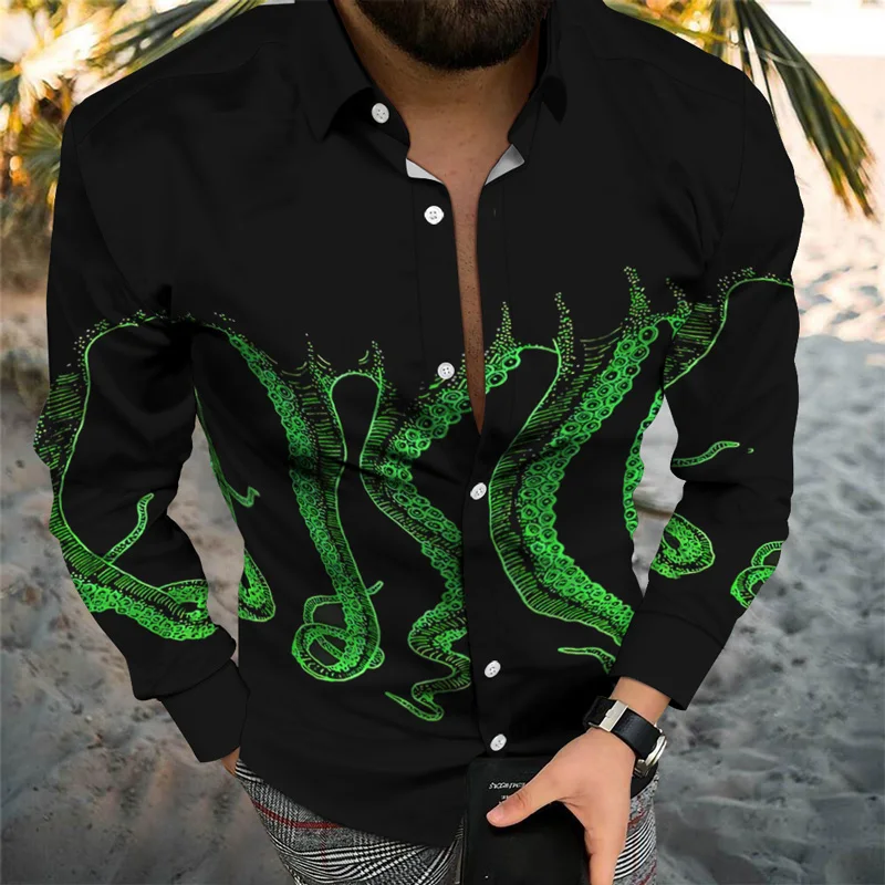 Spring Autumn New Fashion Luxury Men's Shirts Lapel Button-Up Shirts Casual Octopus Print Long Sleeve Top Men's Party Cardigan