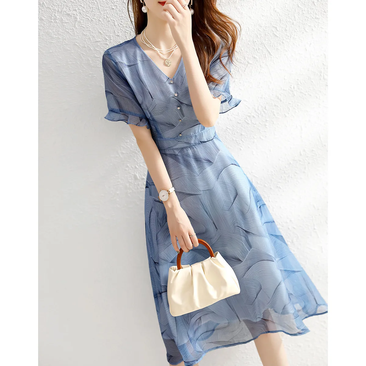 Платье женское длинное с V-образным вырезом элегантное офисное приталенное