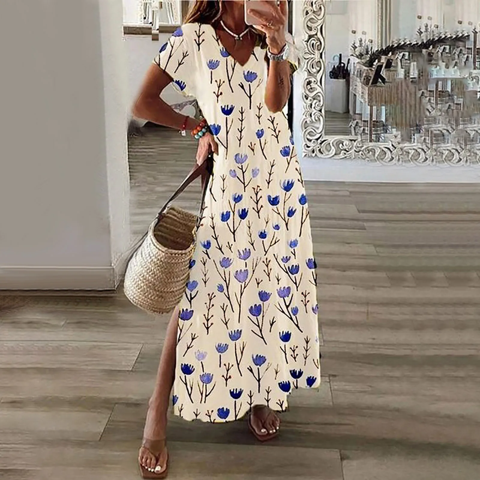 

Women's Dresses Summer Printed Boho Long Dress Casual Short Sleeve Smocked Flowy Tiered Party Dress Beach Maxi Dress Beach
