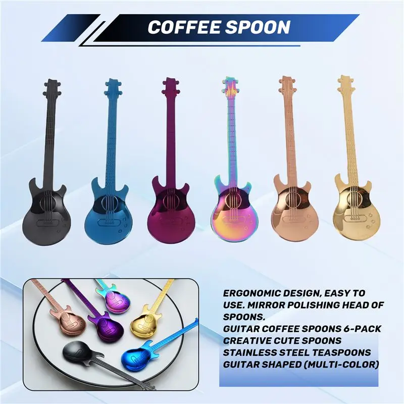 Фото Кофейные ложки BHTS-Guitar, 6 штук, креативные милые ложки из нержавеющей стали в форме гитары (разноцветные) №2