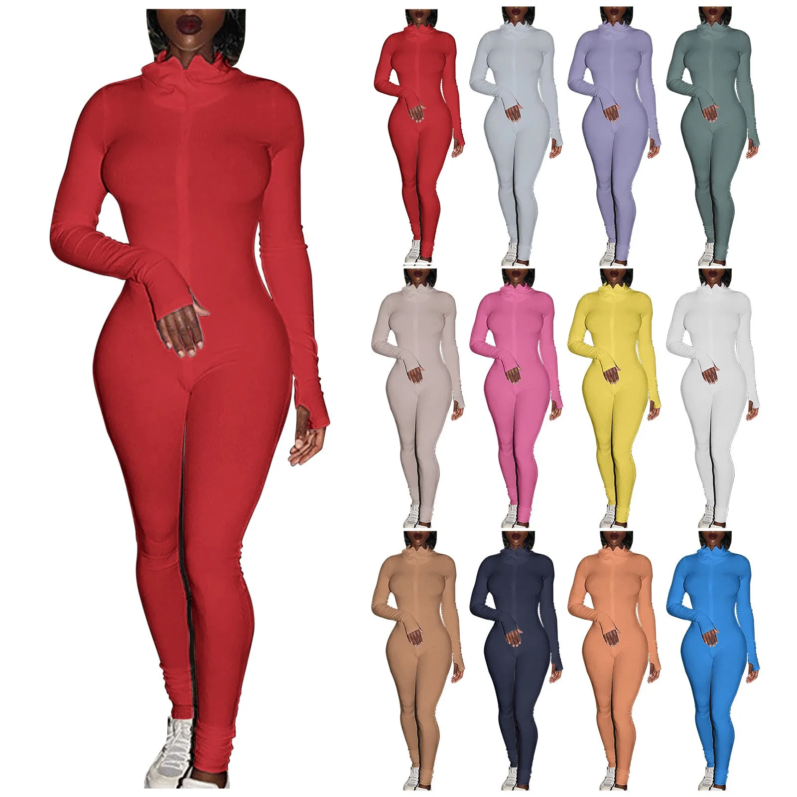 

Women Sport Yoga Workout Ribbed Zipper Long Sleeve Embroidery Sport Jumpsuits Halter Top Jumpsuit for Women