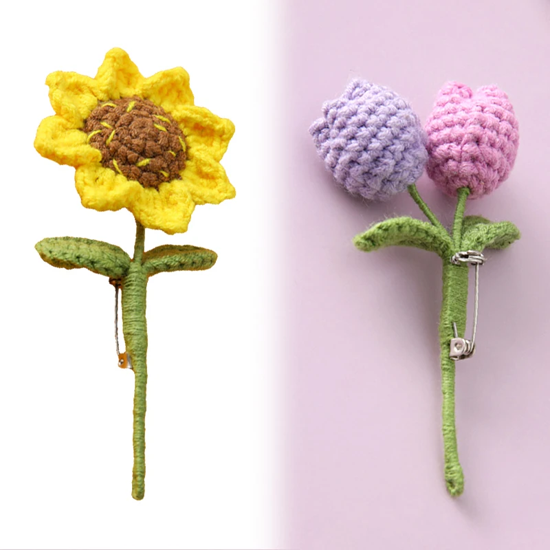 

Crocheted Flower Brooches Rose Tulip Sunflower Decoration Creative Coat Sweater Pin Korean Badge Accessories Casual Jewelry Gift