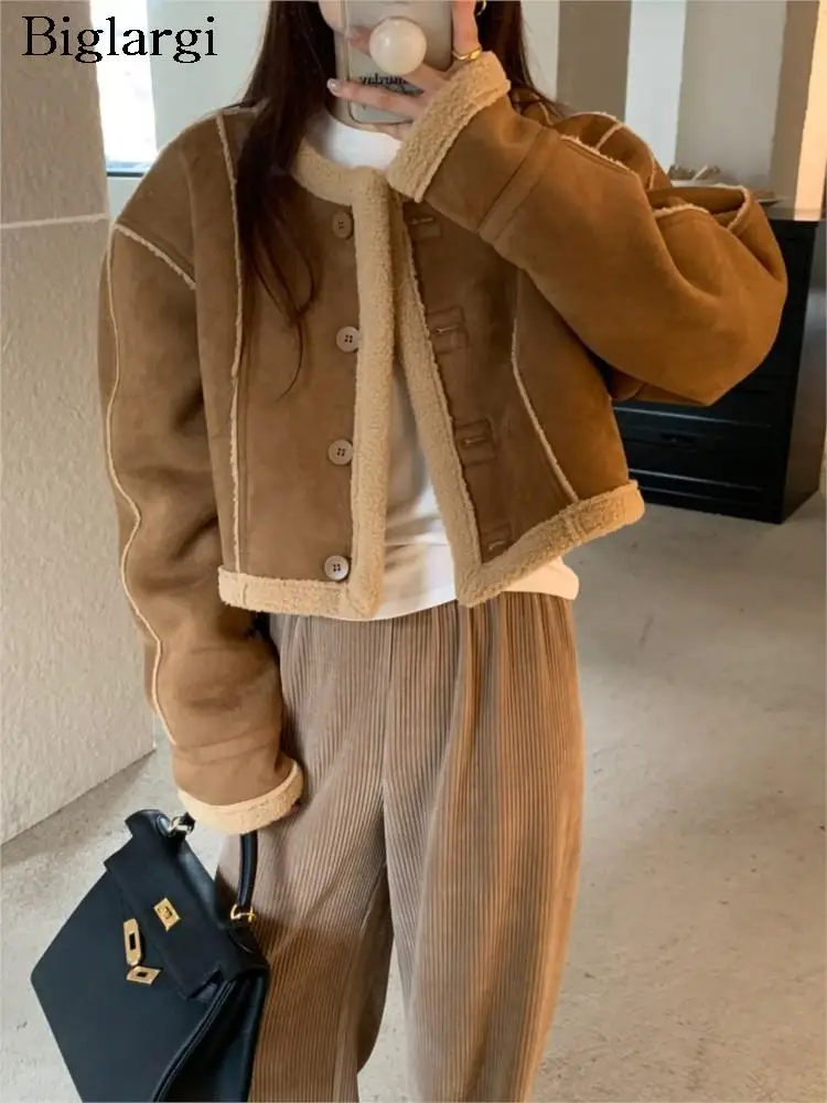 

Autumn Winter Lambswool Patchwork Coat Women Korean Loose Long Sleeve Ladies Cropped Jackets Fashion Woman Jackets Coats 2023