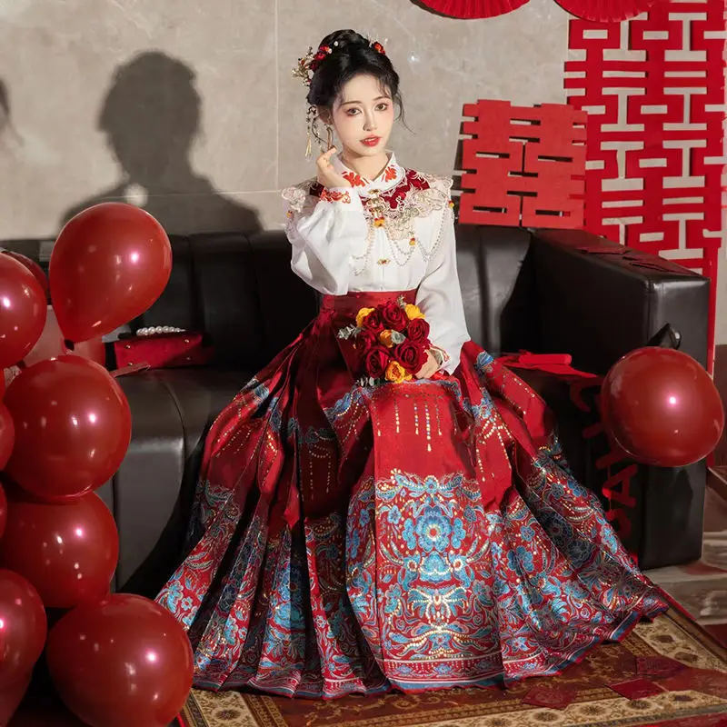 Оригинальная китайская красная юбка ханьфу с вышивкой обручальное платье