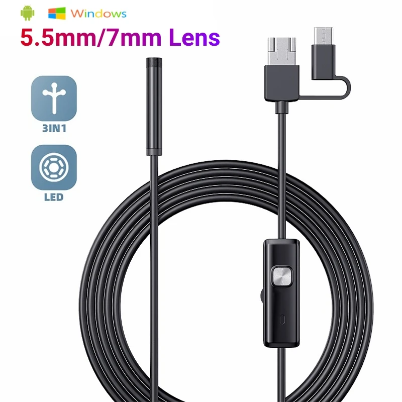 

Android Endoscope Camera 5.5MM 7MM Mini Lens 3IN1 Tpye-c Micro USB Car Inspection Borescope 6LEDs Waterproof for Phones PC AN100