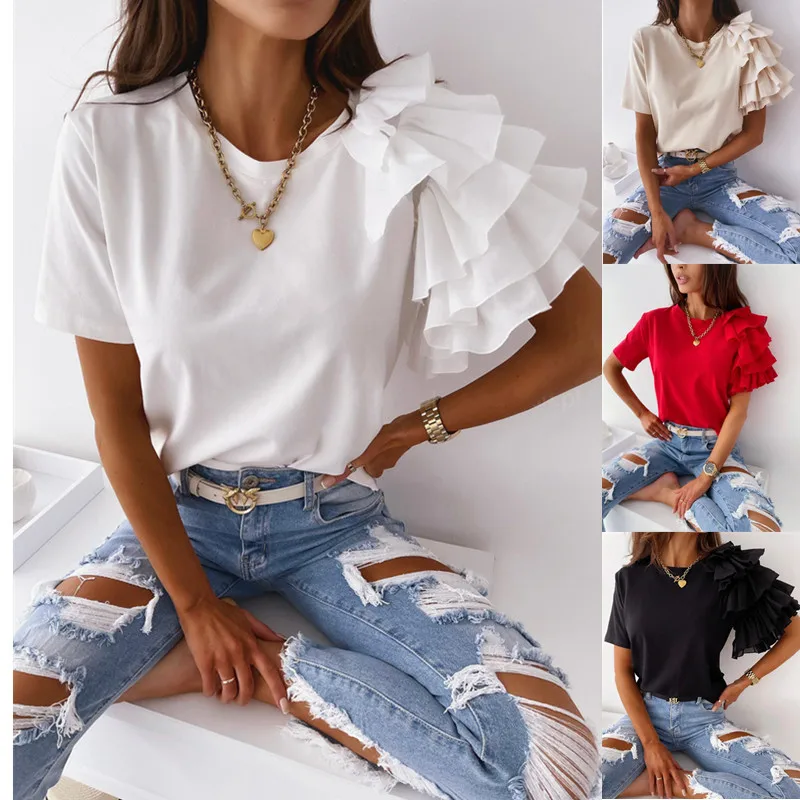 

Cacocala 2023 Summer New Simple Women Top Fashion Ruffle Woman Short Sleeve T-shirt Round Neck Female Tees