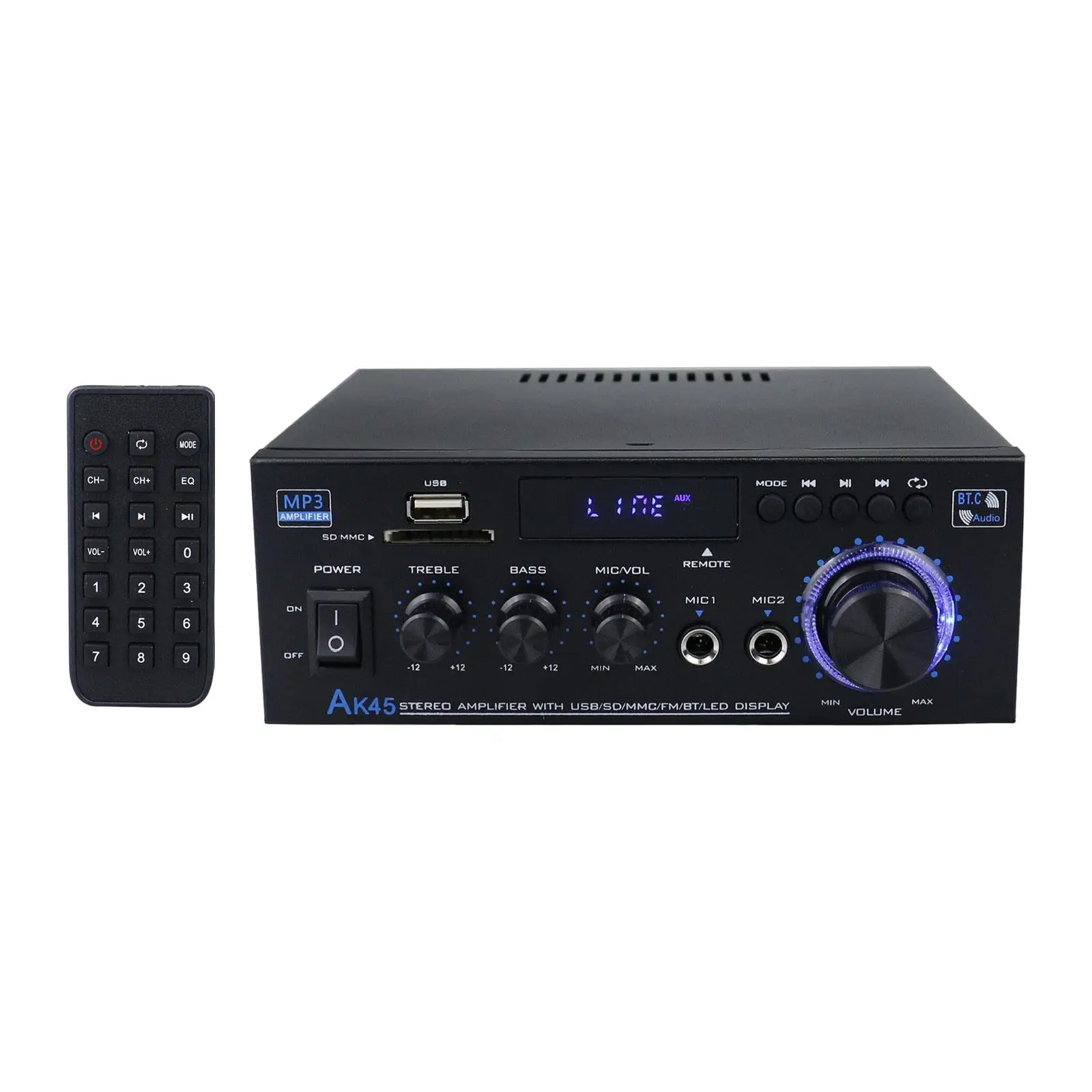 

AK45 Home Audio Amplifier with Mic with Treble Bass Control1 Treble Bass Control 2.0 Channel Audio Amp for Home Theater Speakers