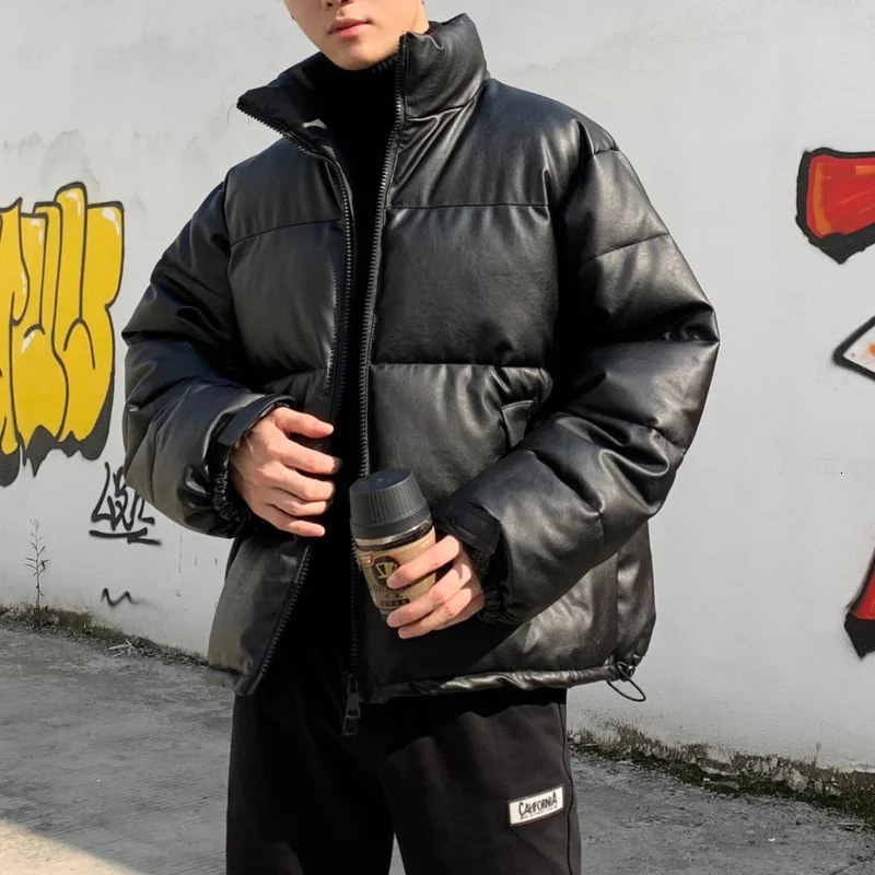 

Hybskr Thicken Solid Color Mens Parkas Oversized Warm Winter Leather Coats Harajuku Fashion Male Loose Cotton Padded Jackets