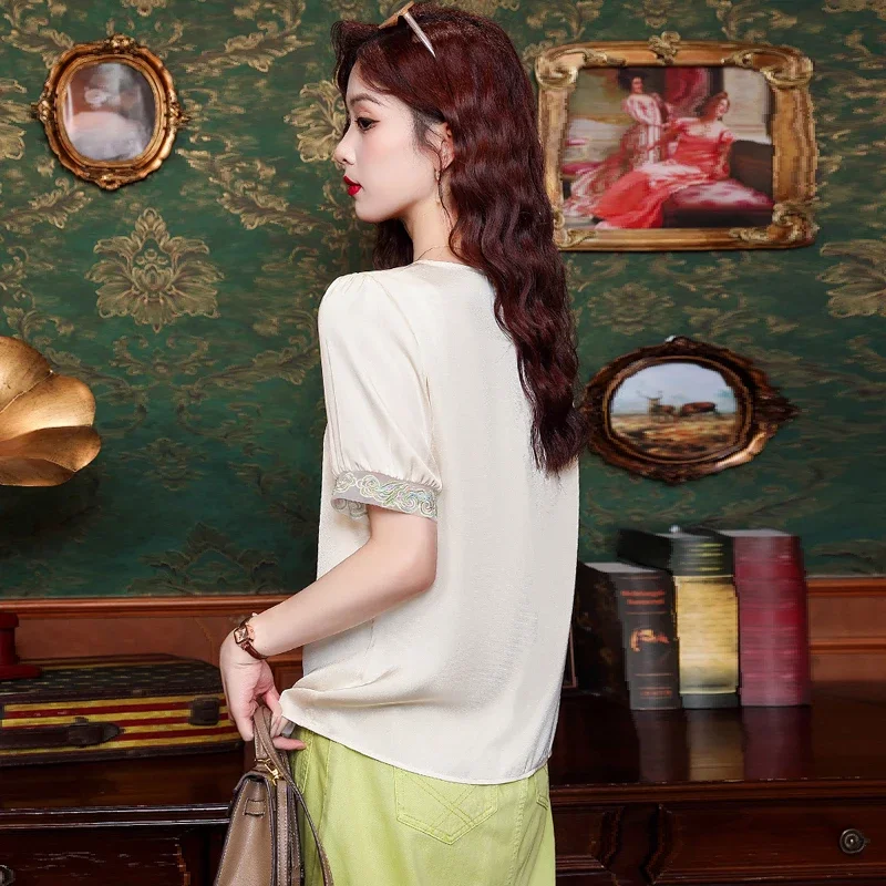 Женская шифоновая блузка с коротким рукавом и круглым вырезом