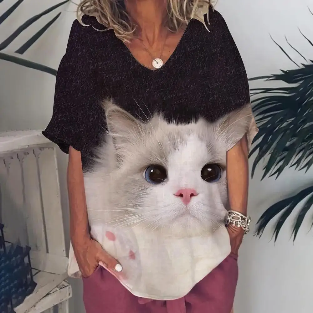 

New Women'S T-Shirt Summer V-Neck Short-Sleeved Tops Retro Cute Cat Print Tshirts Casual Loose Women'S Comfortable Pullover Tees